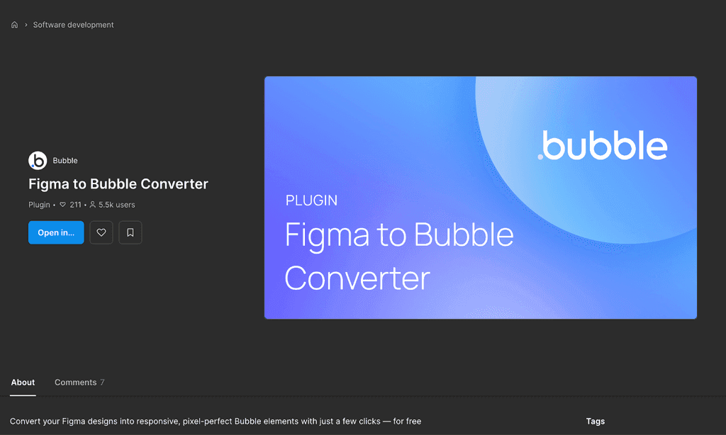 Figma to Bubble Converter plugin listing in the Figma Community