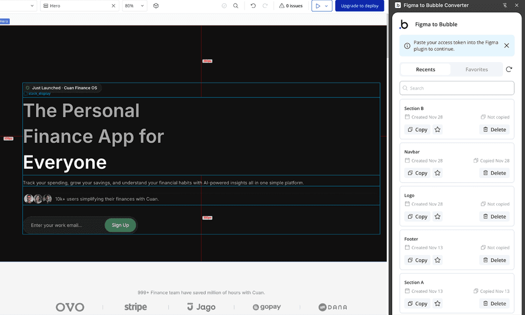 Pasted Figma design appearing as native, editable Bubble elements
