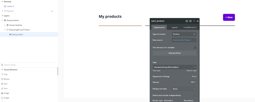 Wrapper group inside the Repeating Group cell set to Data Type Product, Data Source Current cell's Product